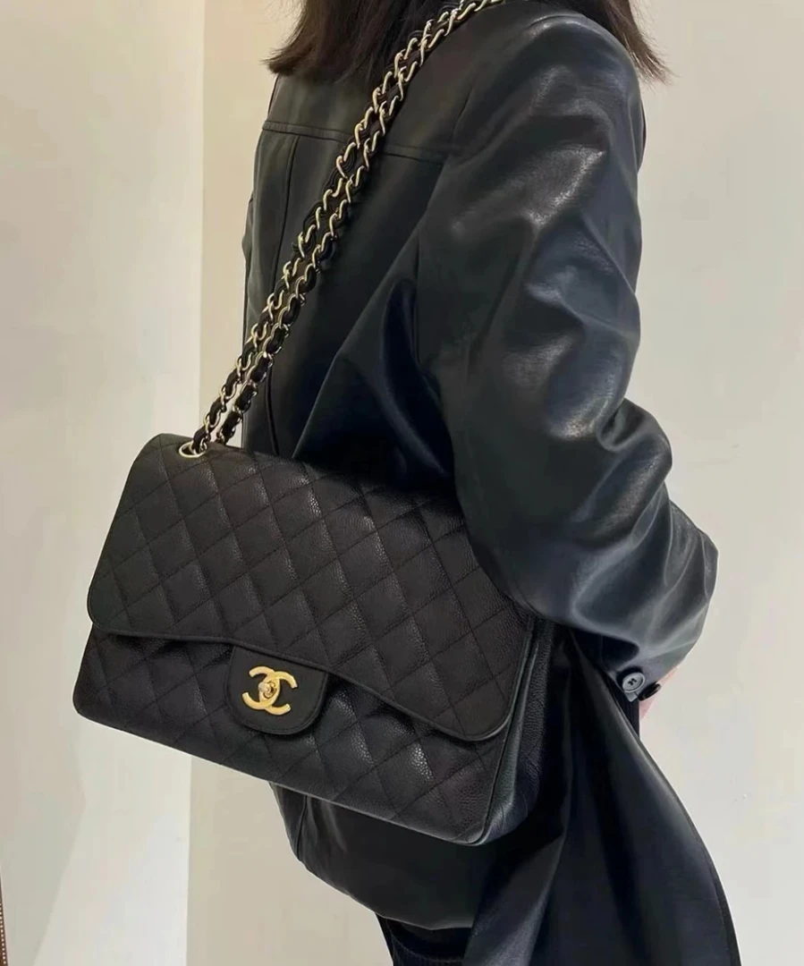95新 Chanel/香奈儿 黑金鱼子酱cf jumbo包 30cm 10152836