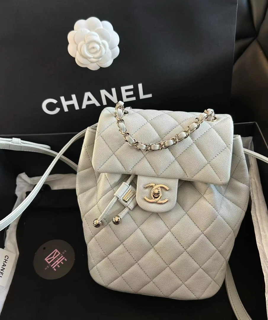 99新 Chanel/香奈儿 萨尔斯堡灰蓝色鱼子酱双肩包 17cm 9242495