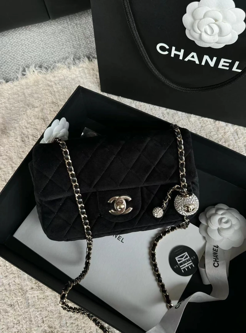 99新 Chanel/香奈儿  黑金丝绒钻钻金球大迷你cf包 mini  9275621
