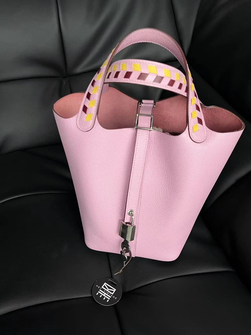 99新 Hermes/爱马仕 锦葵紫格子拼手柄18菜蓝子 9074454