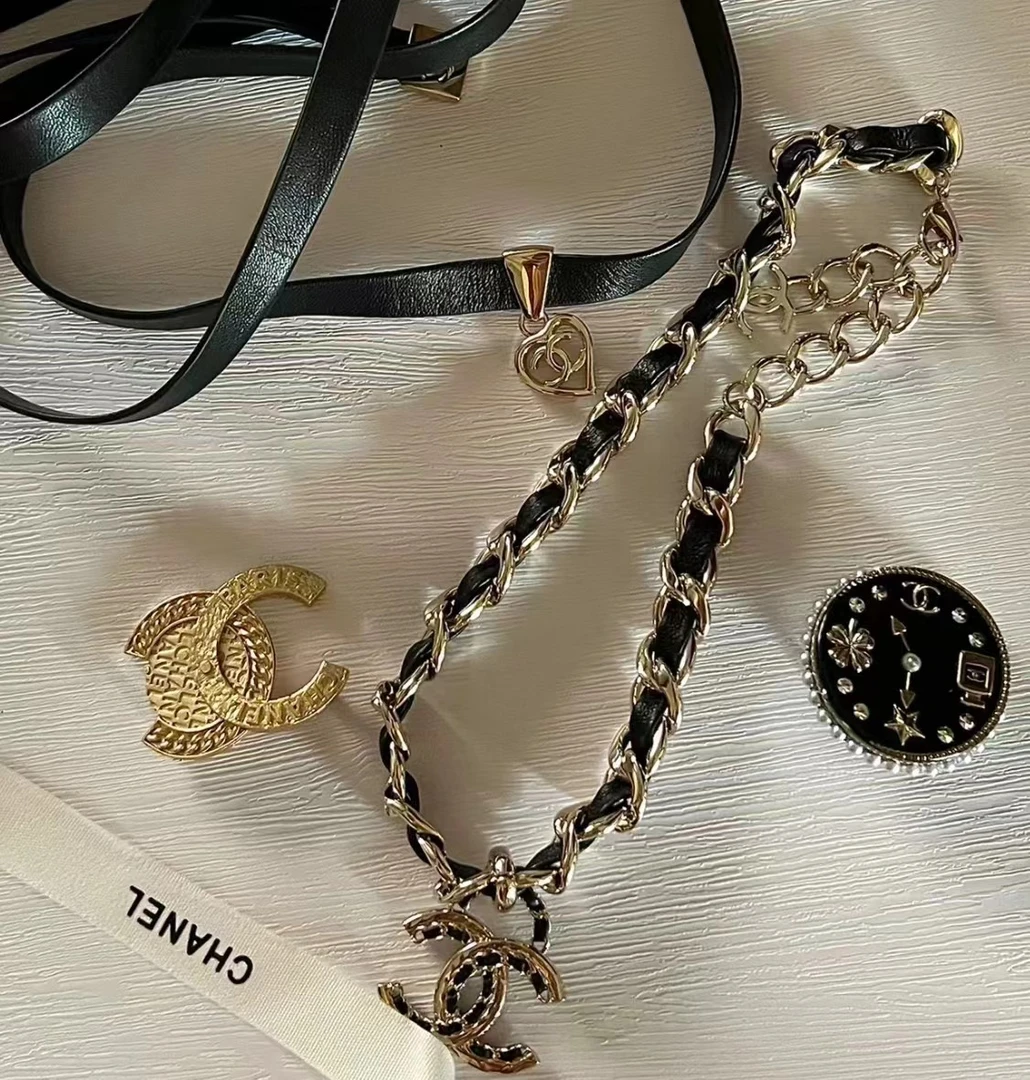 95新  黑黑中古/Chanel 皮穿链双C项链 8219827