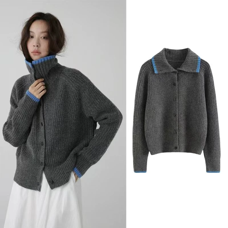 CHALAN姹蓝 秋冬撞色翻领排扣开衫慵懒风毛衣