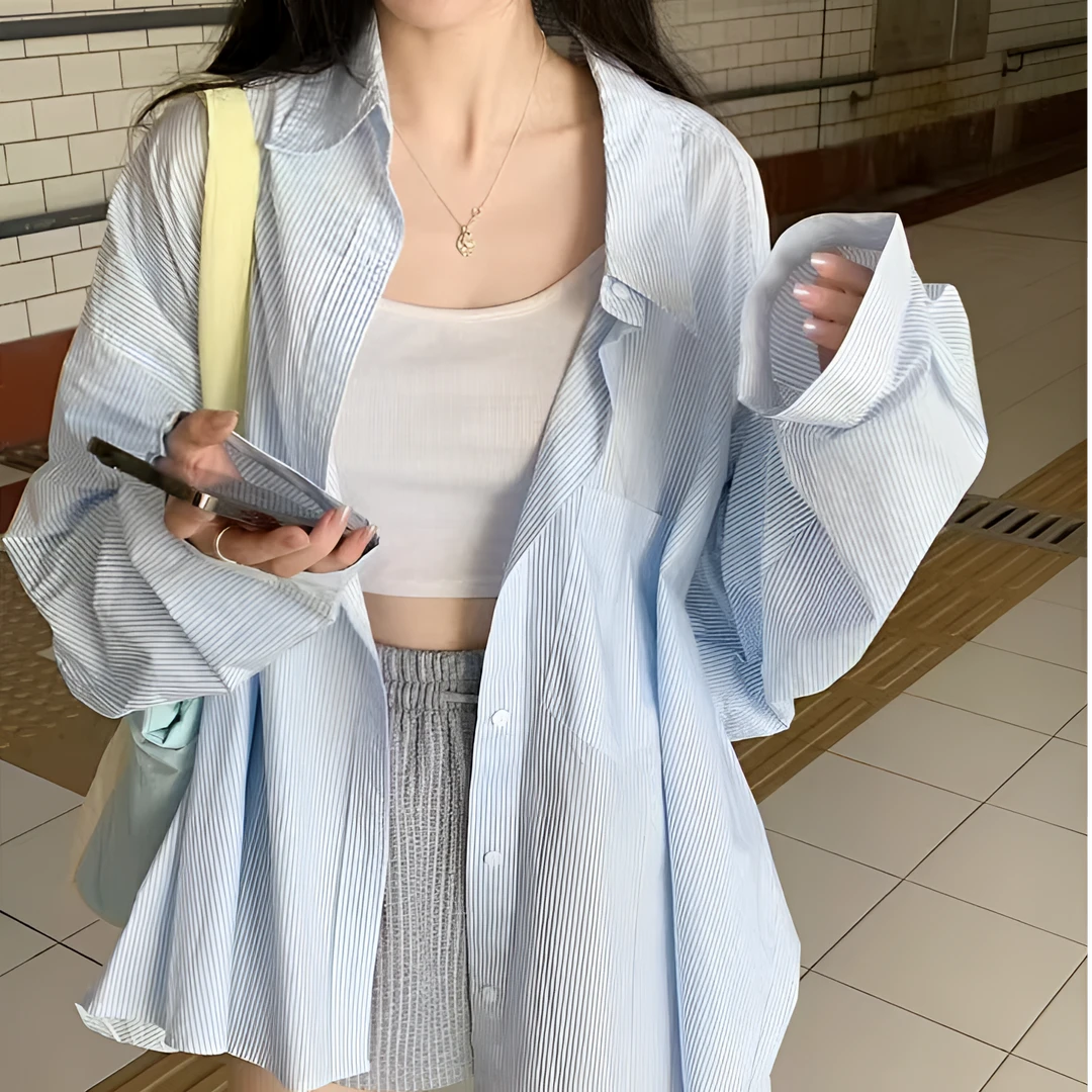 蓝色条纹长袖衬衫外套女装秋季中长款宽松衬衣慵懒风薄款防晒上衣