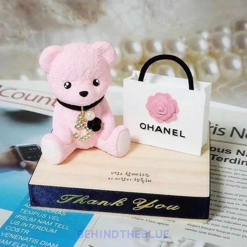 2D皮革熊山茶花手提袋香薰石膏小熊摆件儿童手工DIY涂色迷你娃娃