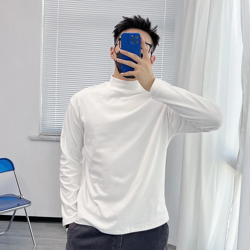 渣渣鹿ins亲肤潮白色长袖T恤男韩版纯色半高领打底衫休闲秋冬内搭