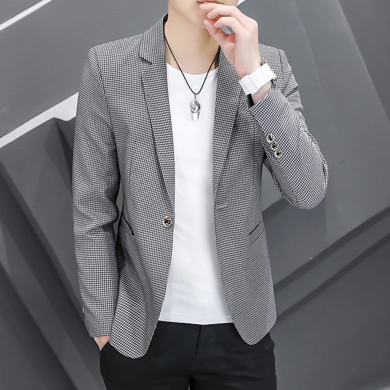 男士千鸟格西装2025春秋潮流修身单西薄款外套休闲便装百搭上衣