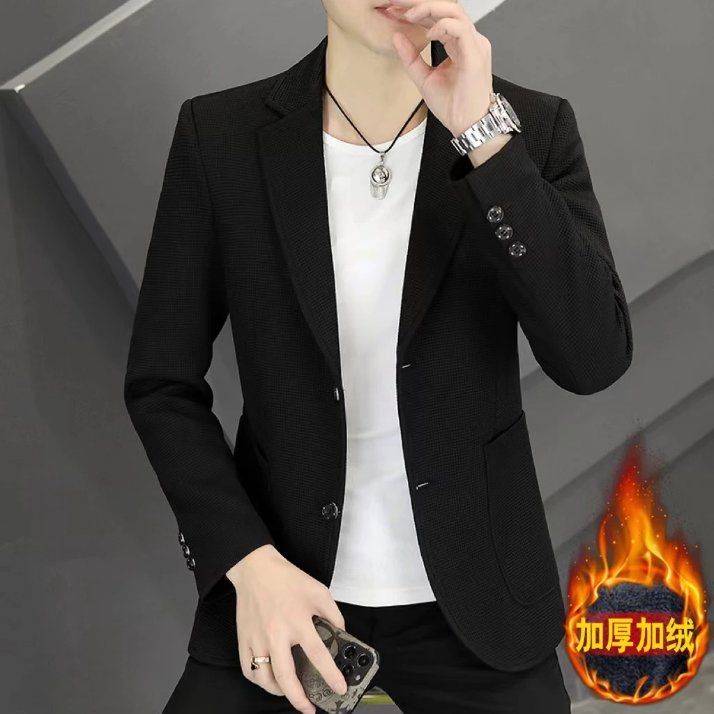 加绒纯色小西装2024新款秋冬帅气休闲韩版西装身男士小西服外套