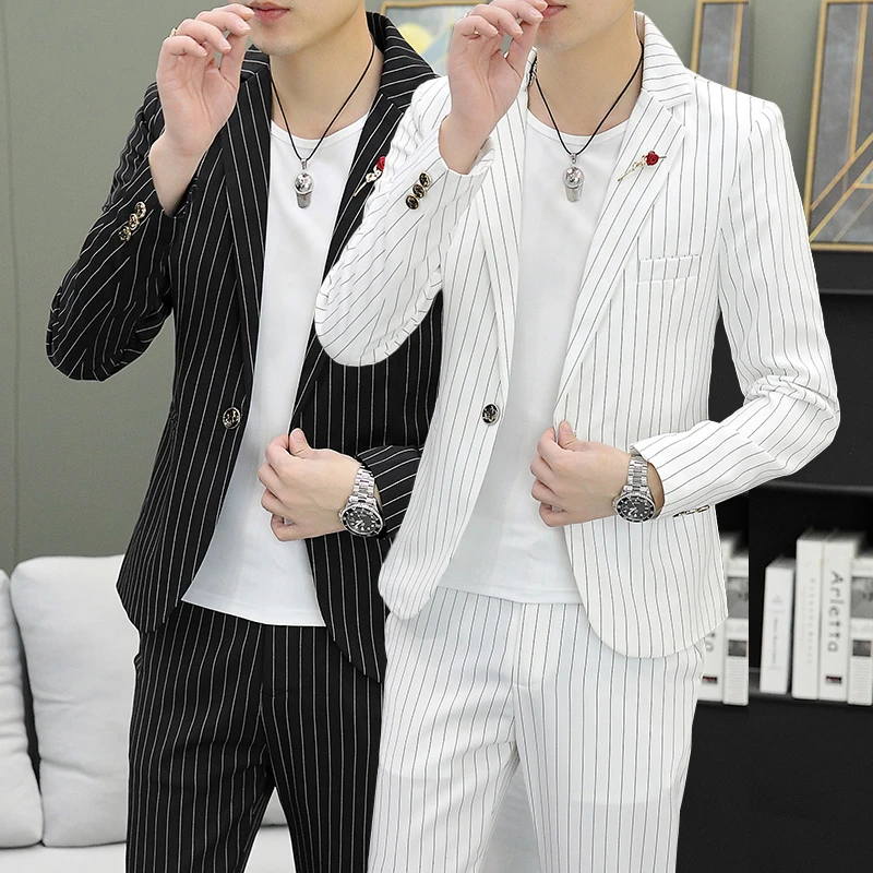 春秋季休闲西装套装男韩版条纹西服两件套青年帅气修身外套潮