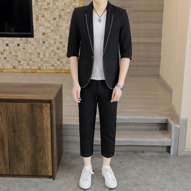 夏季中袖西服套装男七分袖一套韩版修身帅气潮流休闲时尚半袖西装