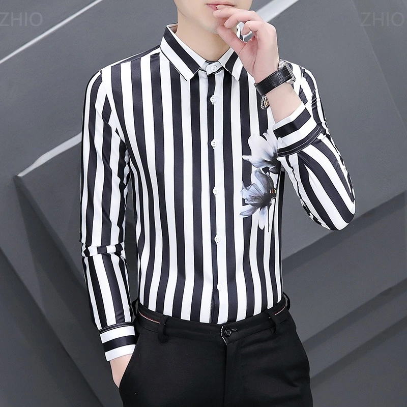 2023春秋新款男士刺绣修身长袖条纹衬衫韩版潮流时尚风帅气上衣