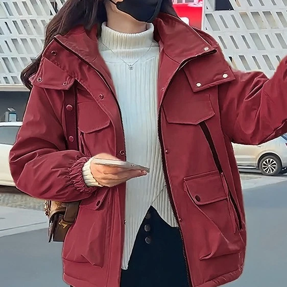 欧货冬季新款宽松连帽工装夹棉冲锋衣女短款洋气加厚冲锋衣女款