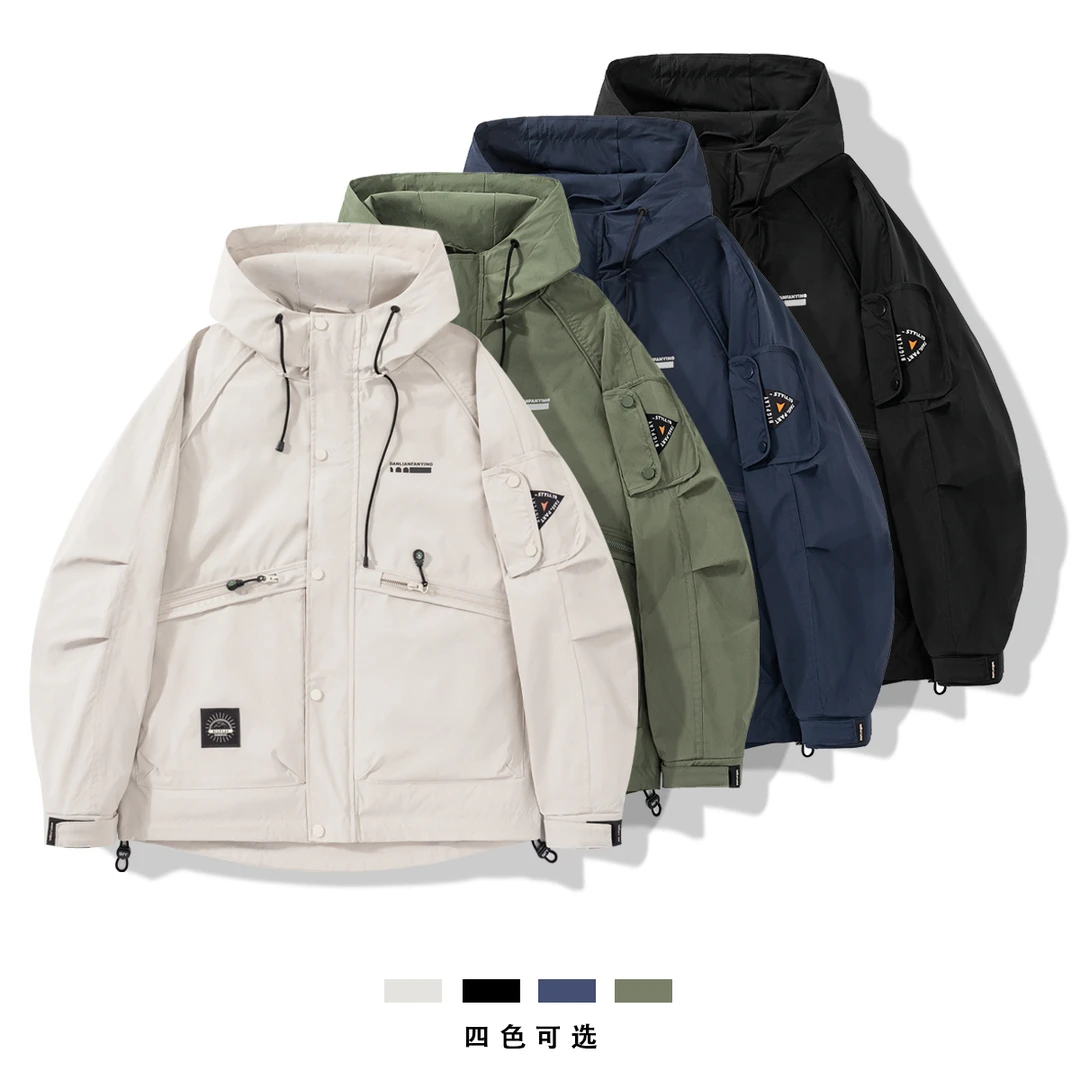 秋季新款男士潮流连帽夹克情侣户外百搭宽松防风运动冲锋衣J8831