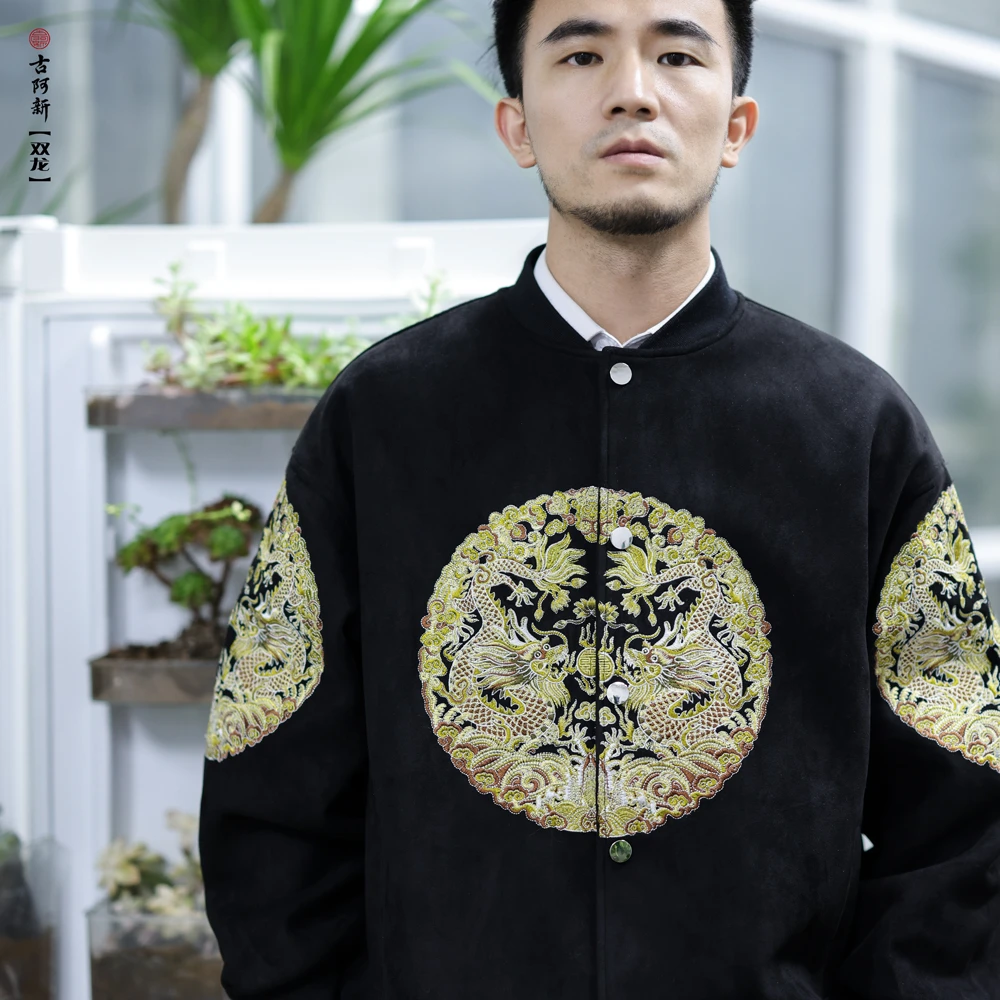 【锦玩记】原创国风双龙戏珠情侣刺绣防风休闲飞行夹克外套