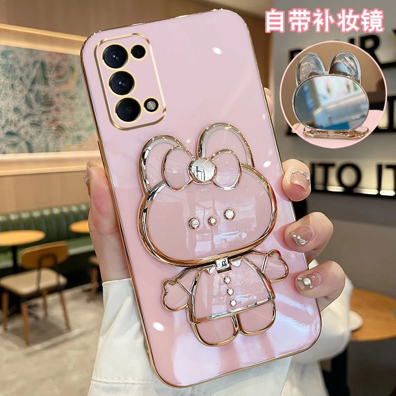 OPPOReno5Pro手机壳兔子补妆镜支架reno5pro+全包防摔硅胶套软壳T