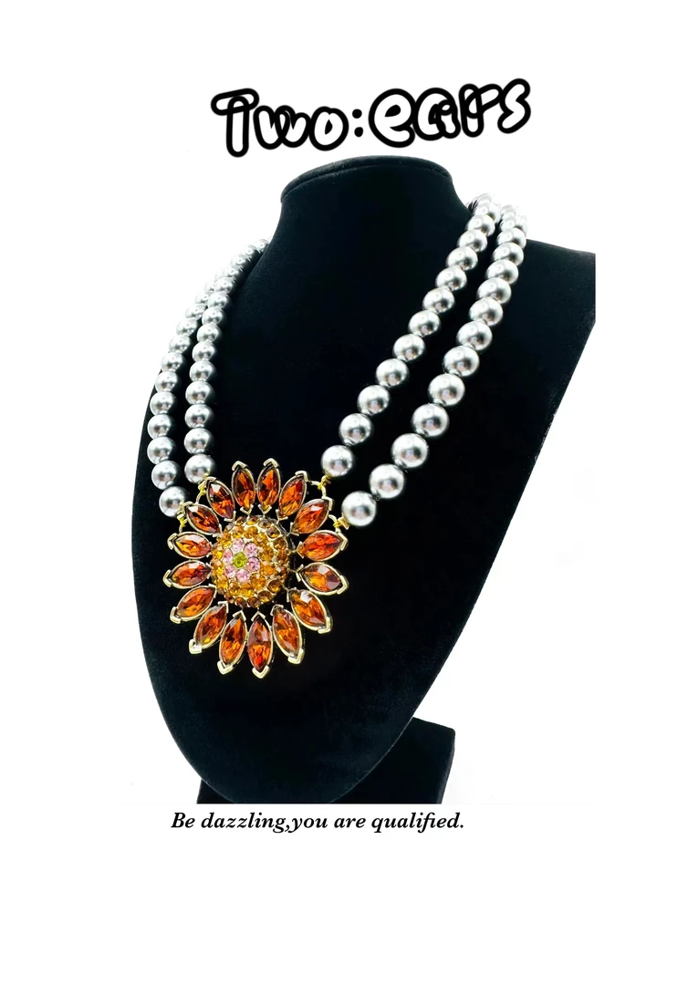 铜仿珍珠项链 ★Two Ears★ 欧货DP高品满钻莫桑石向日葵项链