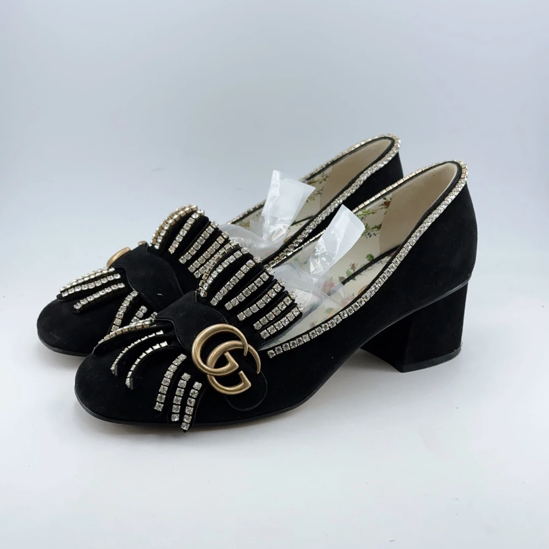 38.5码/98新/gucci/古驰 黑色麂皮水钻乐福鞋mj04300