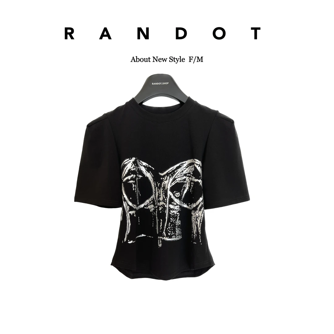 【K-11】原创设计“烫金抹胸”涂鸦五分泡泡袖收腰弧形下摆T恤E4597