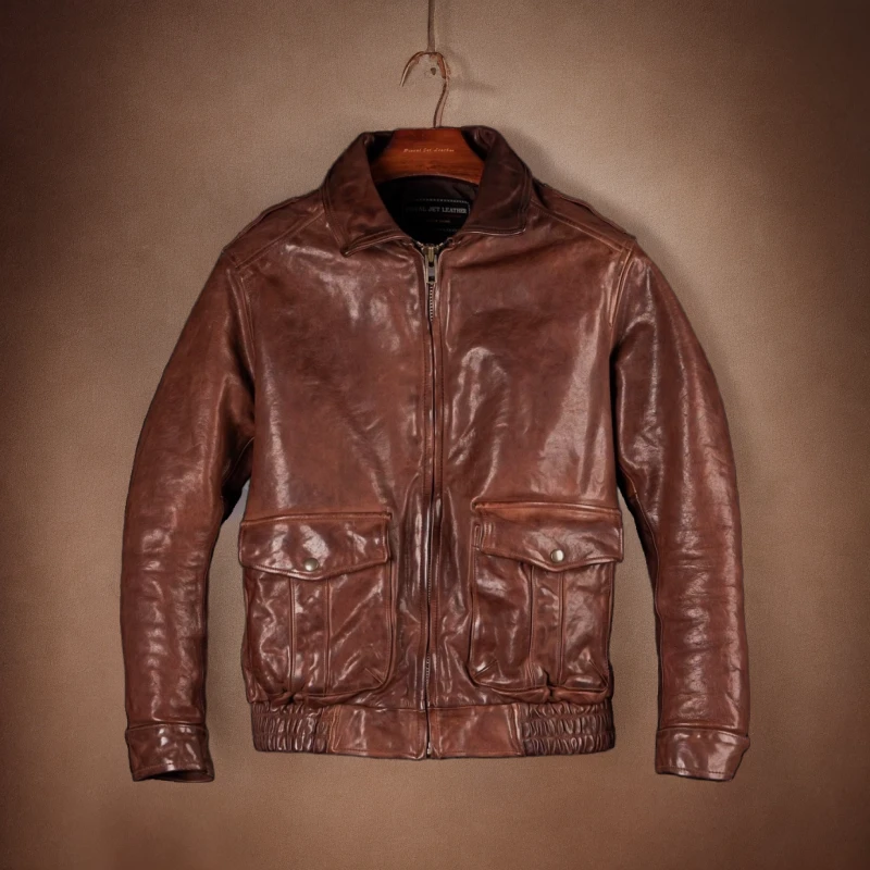 铜扣牛皮A2.男士经典做旧真皮短款时尚潮流休闲百搭翻领夹克美式