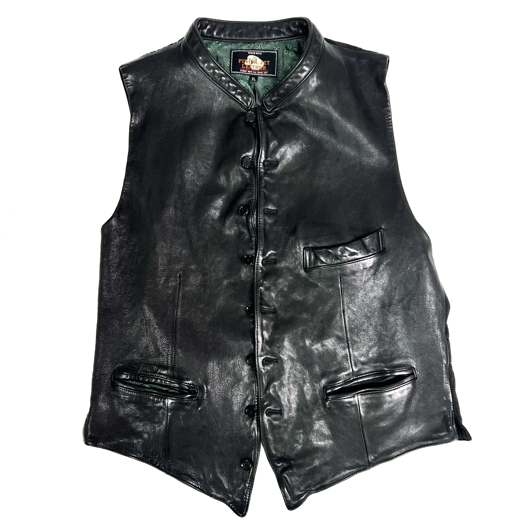 拼接立领马甲.男女同款时尚复古多纽扣绵羊皮面料拼接立领皮马甲