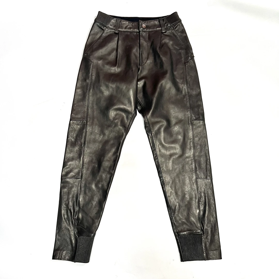 绵羊皮束脚裤.新款男士复古骑行防风户外休闲真皮绵羊皮束脚皮裤