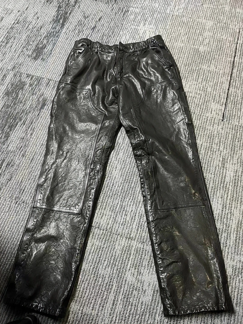 男士经典时尚真皮黑色百搭休闲直筒弹力重水洗美式复古做旧牛皮裤