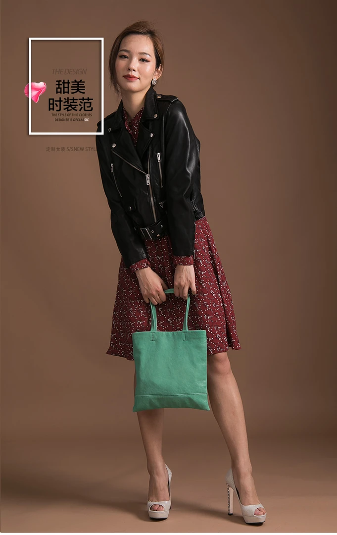 女水洗机车.女士机车重水洗纯水染绵羊皮黑色时尚复古休闲皮衣