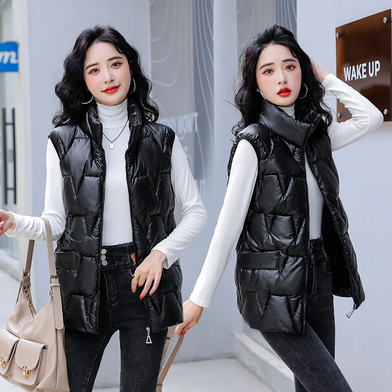 冬季亮面免洗棉马甲女2022新款短款立领外套女韩版加厚宽松马夹女