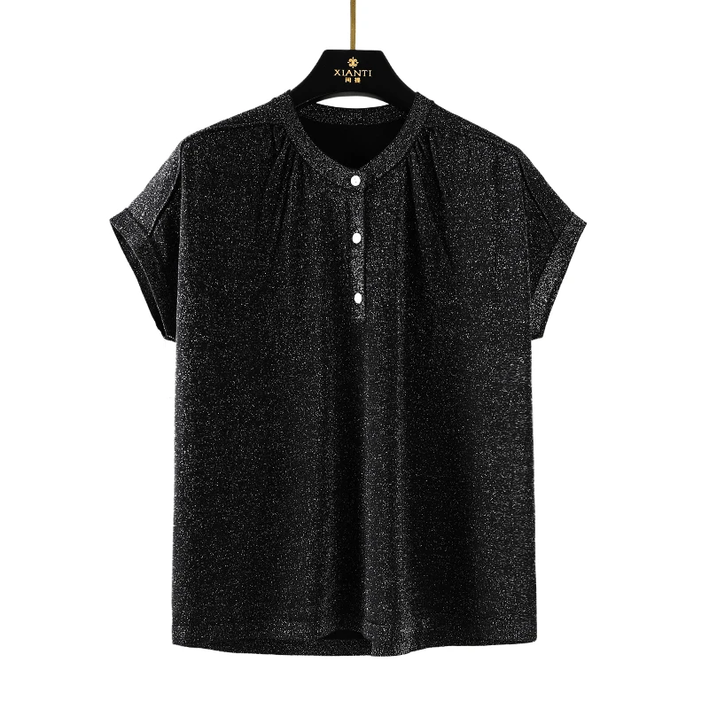 【轻奢-高支薄款】 时尚星钻高支羊毛亮丝半开胸针织衫女-24040303A