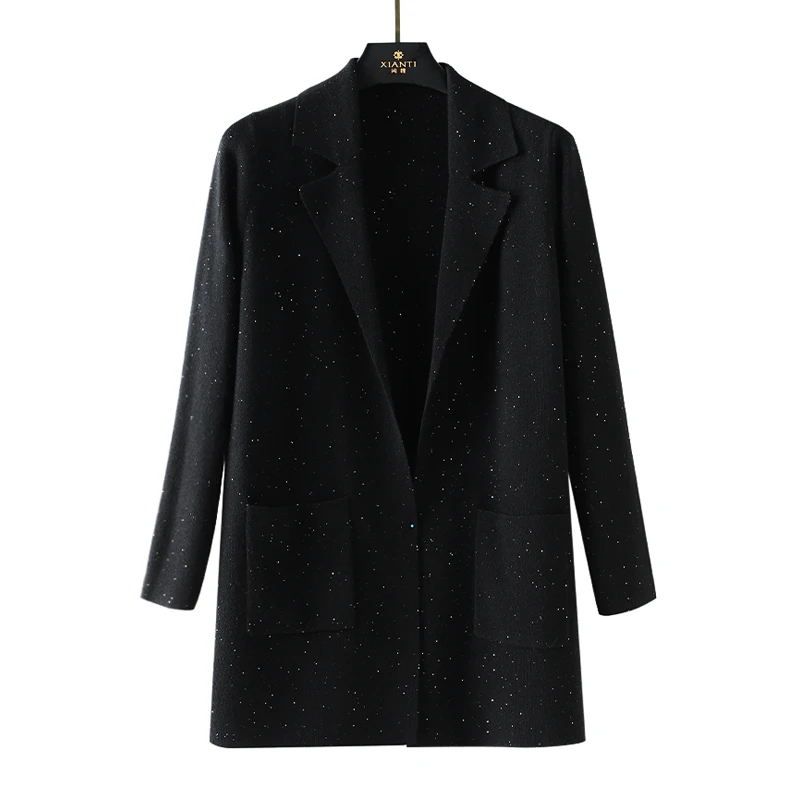 【轻奢-大气】时尚双面黑色中长款星空翻领西装外套女秋冬23102704