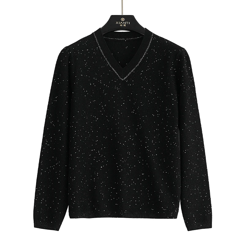 秋冬款品质女装星空V领纯羊毛内搭可外穿女士时尚百搭上衣2406050