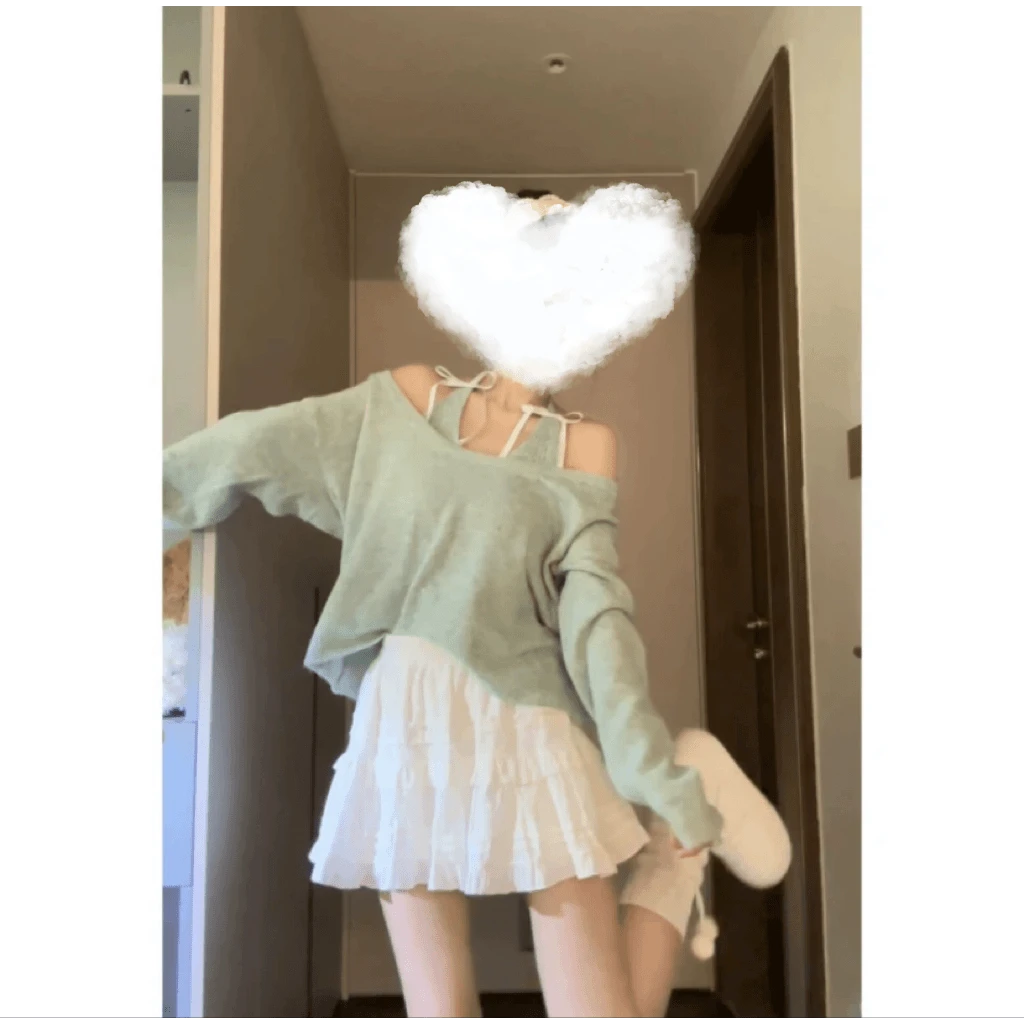 蝴蝶结V领吊带女露肩针织衫秋季蛋糕半身裙三件套