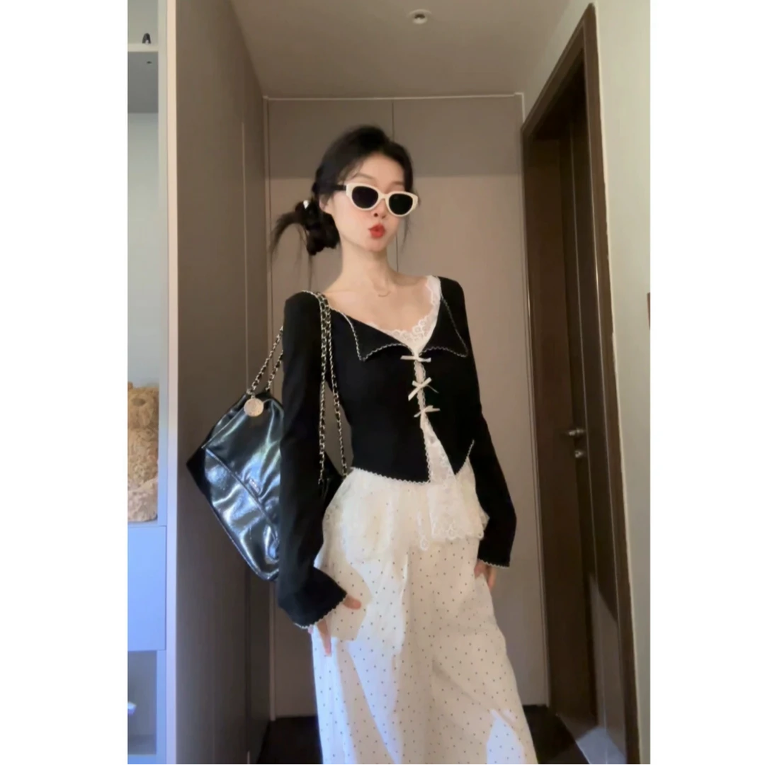 甜美蝴蝶结叠穿长袖上衣蕾丝吊带背心波点阔腿裤女秋新款三件套