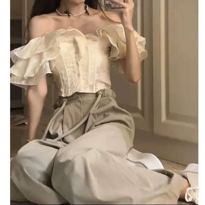 【白莲花】法式复古荷叶边一字肩短款上衣