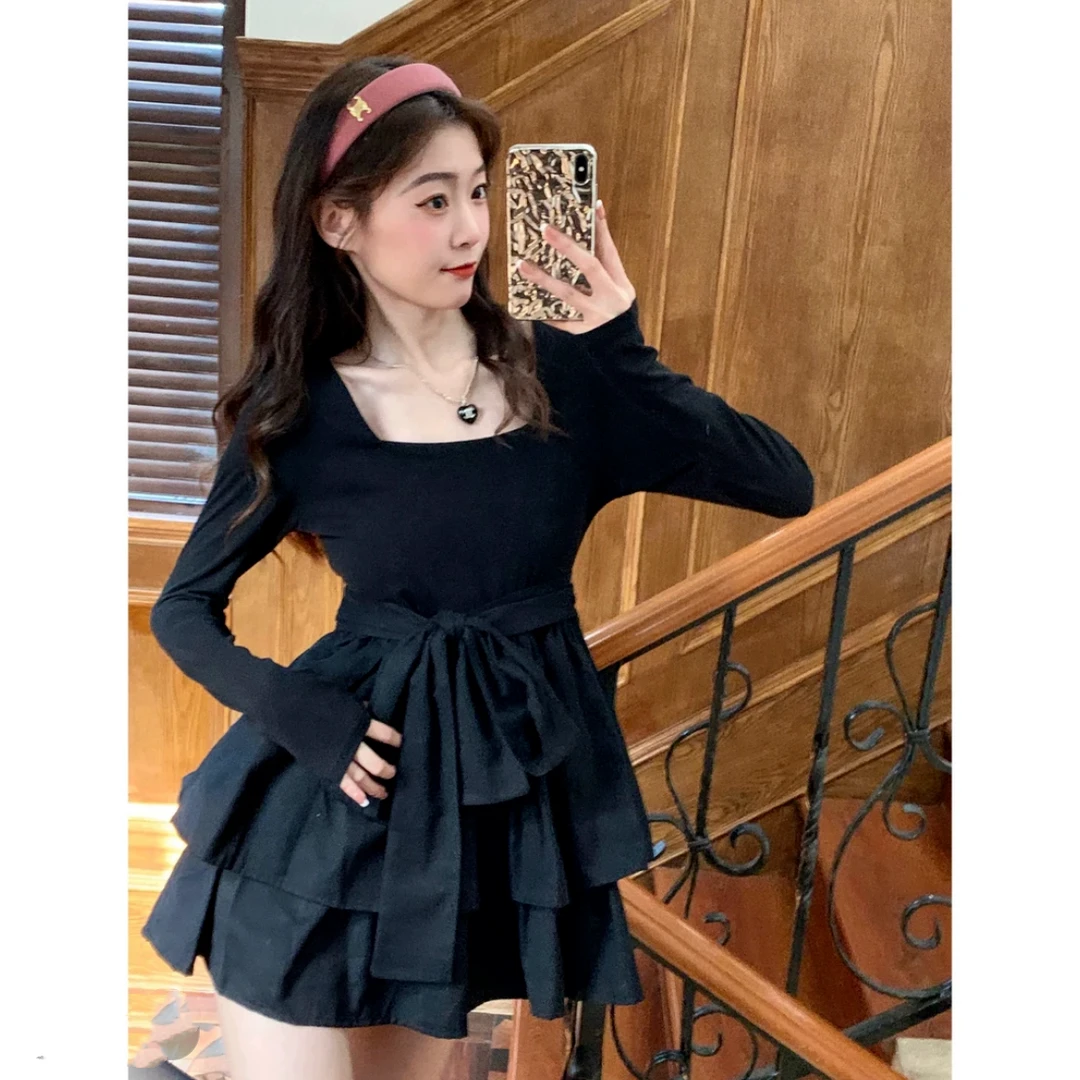 富家千金 复古小黑裙甜酷方领大蝴蝶结收腰蓬蓬裙连衣裙
