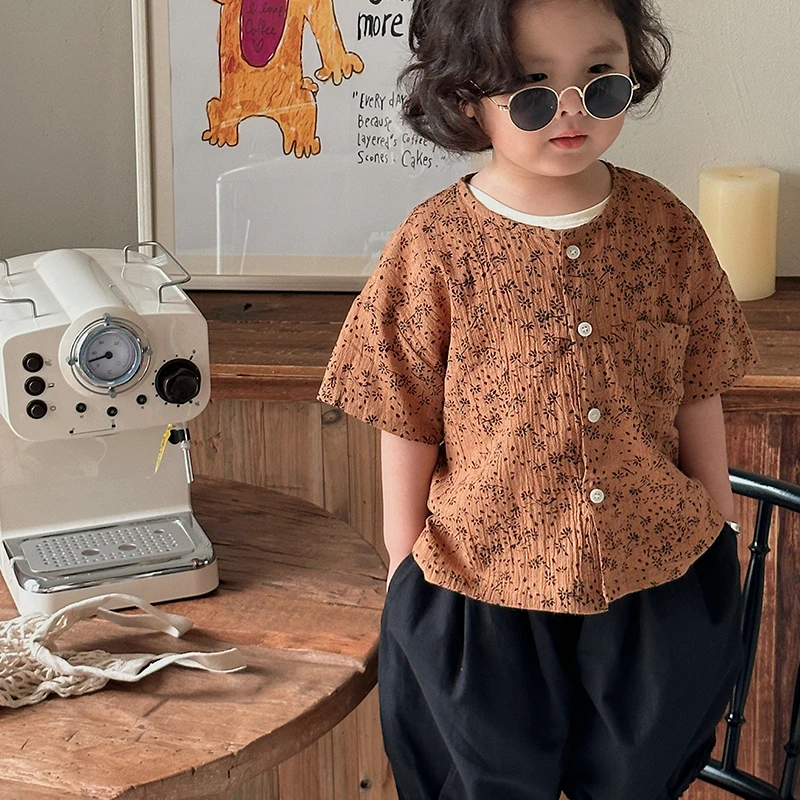 《希尔》夏装韩版LZ32儿童短袖衬衫文艺范韩版上衣男童女童绉布花