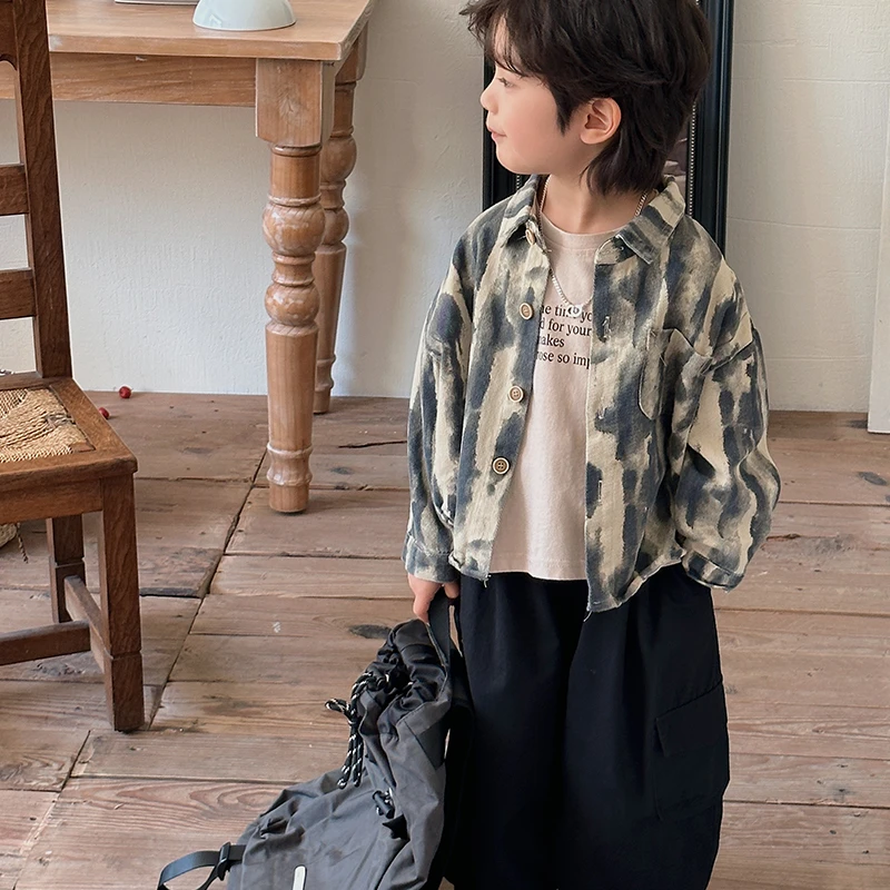 《秋上新》街头风男童衬衫扎染帅气长袖衬衣中大童开衫外套LY219