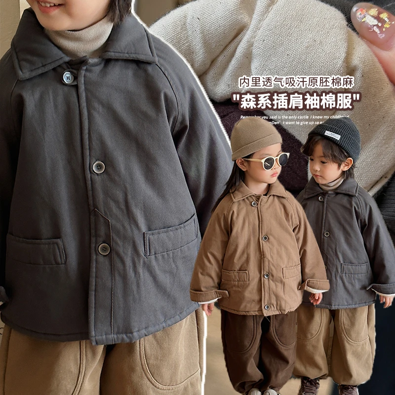 【冬款清仓】森系男女童冬季新款韩版WX19翻领夹棉保暖短款纯色外套