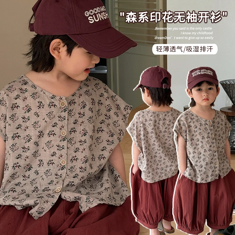 《夏上新》韩系棉麻风~儿童碎花短袖衬衫LZ128男女童休闲满印轻薄透
