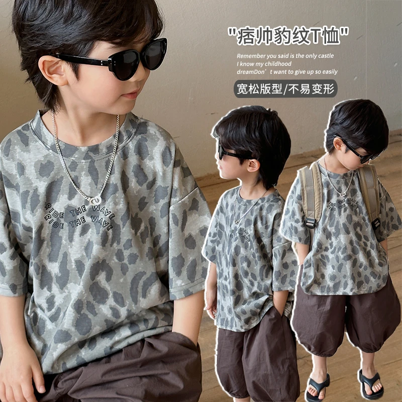 《言锡》奶酷痞帅~韩版中大儿童洋气豹纹字母T恤LZ99男女童圆领百搭