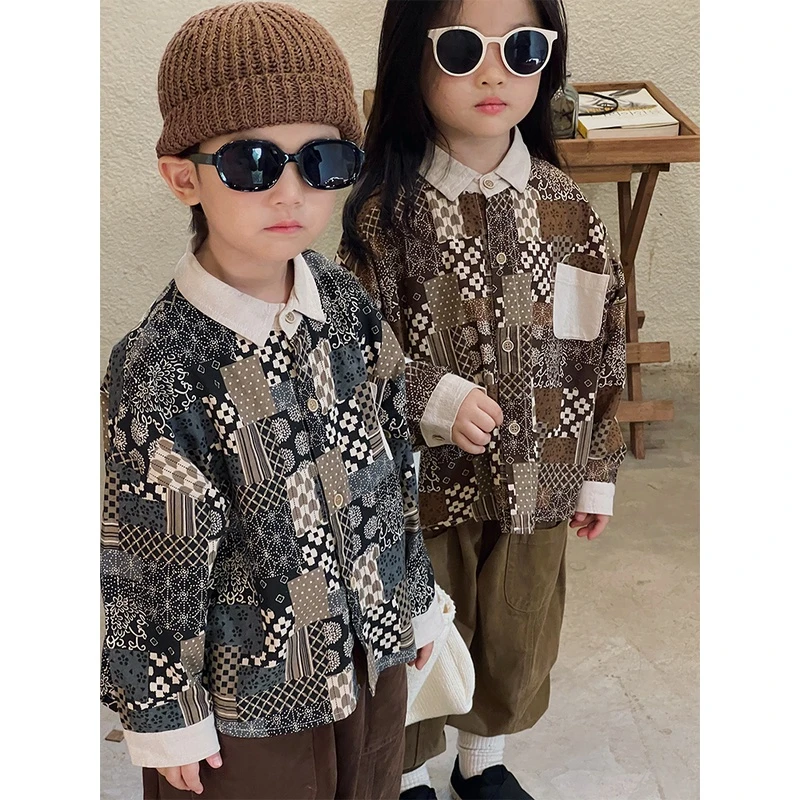 《反季特价》男女童森系插画翻领衬衫款长袖女童撞色上衣CT03