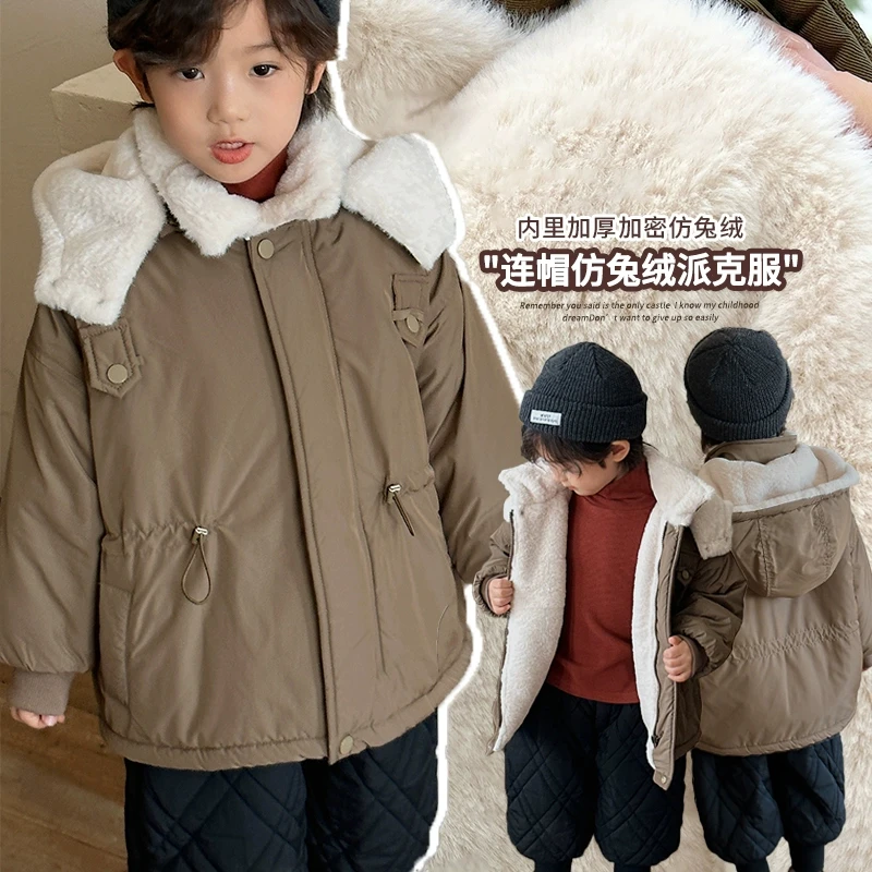 《冬款清仓》韩版男女童连帽派克服WX137冬儿童全身仿兔绒保暖棉服