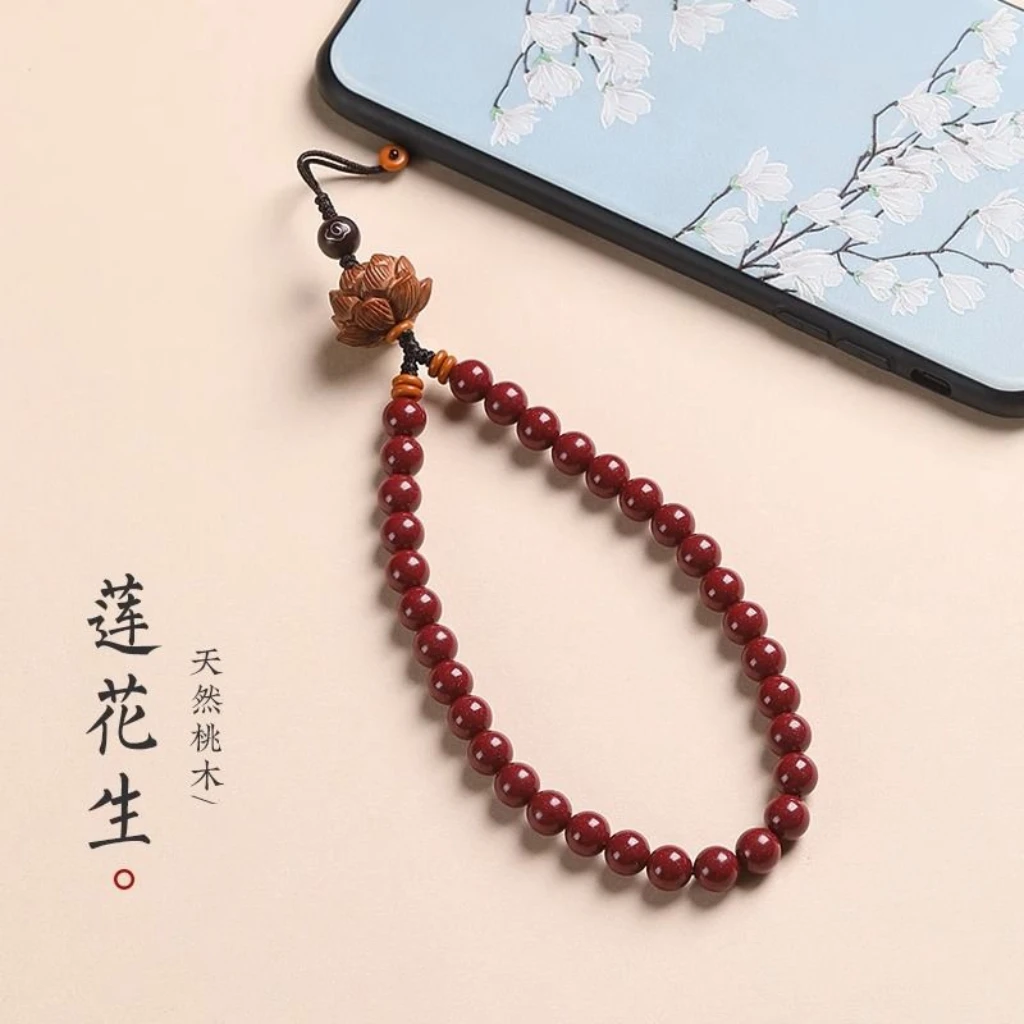 紫金砂帝王砂手机挂绳桃木莲花中国风创意手腕手机链挂件男女礼物