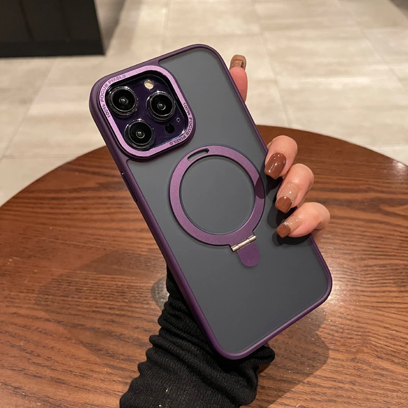 适用苹果14手机壳新款透明磨砂iPhone13ProMax磁吸支架肤感保护套