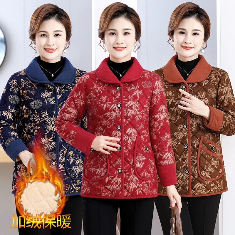 妈妈装棉衣短款外套女装大码中老年加绒老年人加厚保暖秋冬冬季