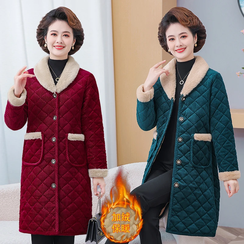 时尚妈妈装中老年棉衣大码中年中长款加绒加厚保暖秋冬冬季老年人