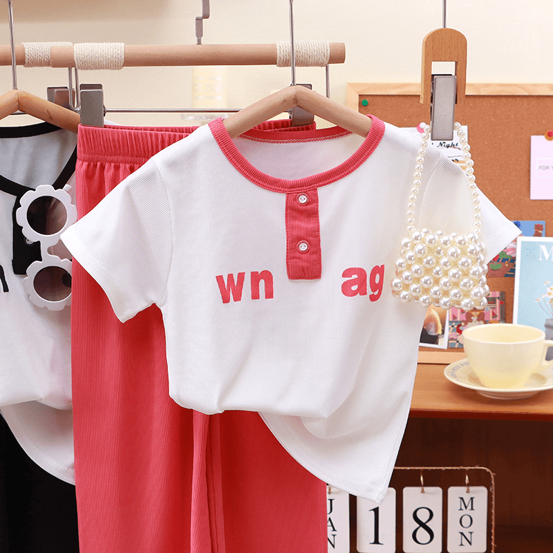 福气洋洋 中大童时尚洋气阔腿裤女童百搭短袖上衣女孩时髦休闲两件套