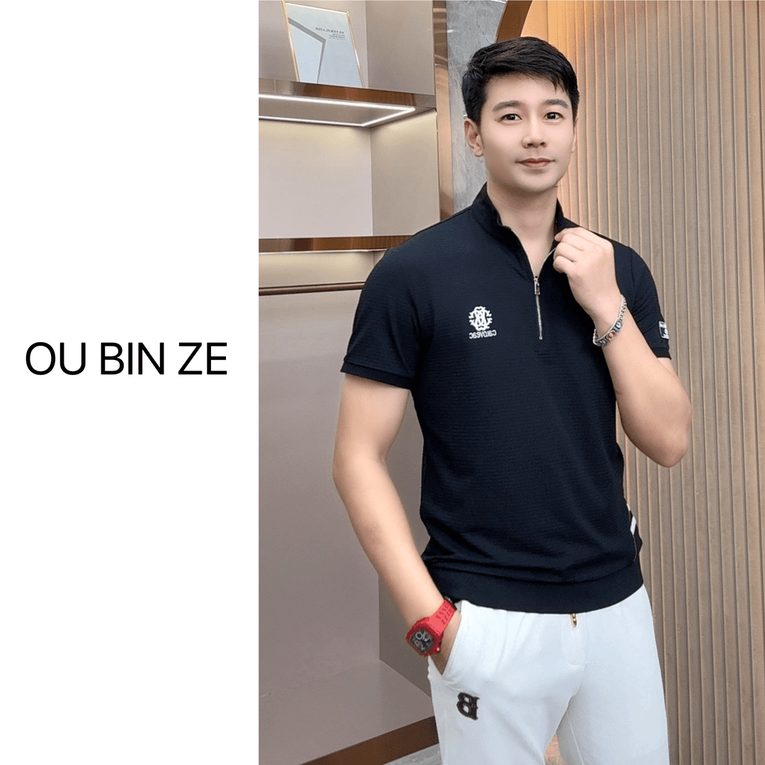 欧彬泽/冰丝轻奢拉链刺绣2024夏季新款男装立领短袖t恤2232