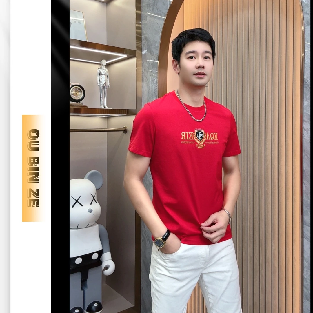 欧彬泽【战马】丝光2025春夏季男士短袖简约时尚小标修身透气8956