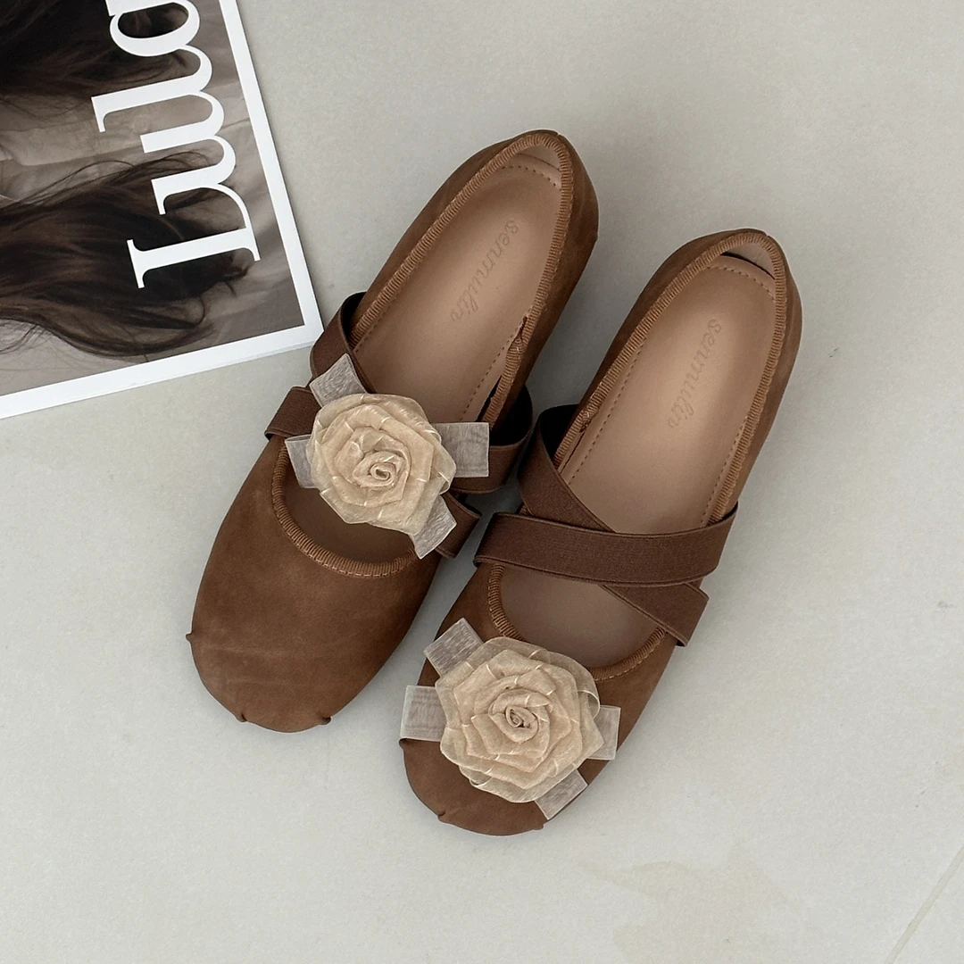 晚睡兰·内增高5cm芭蕾风少女单鞋软底尖头复古山茶花芭蕾风女鞋