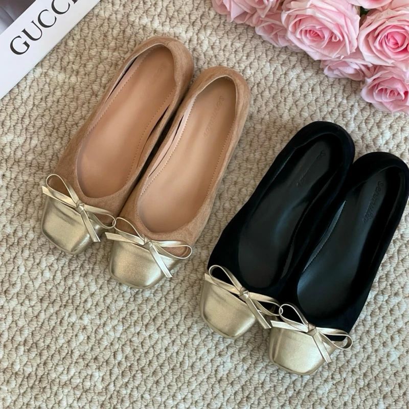 内增高5cm小香风拼色单鞋女2024小个子5cm蝴蝶结浅口女鞋低跟方头